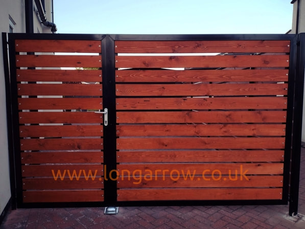 wood infill metal gate horizontal slats gaps