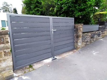 Composite wood infill metal gate, grey grooved  horizontal boards; Roundhay, Leeds