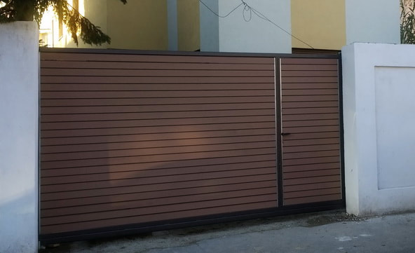 Composite wood infill - sliding gate with incorporated pedestrian access
