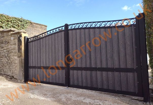 Double swing wrought iron and composite infill gate, timeless design built to last